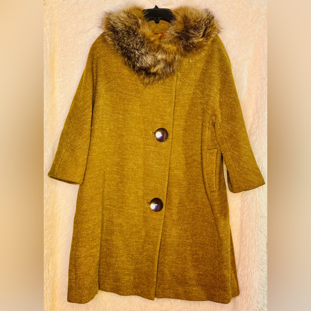 Vintage Betty Rose Mustard Wool Tweed Swing Coat w/ Genuine Fox Fur Collar - Picture 2 of 8